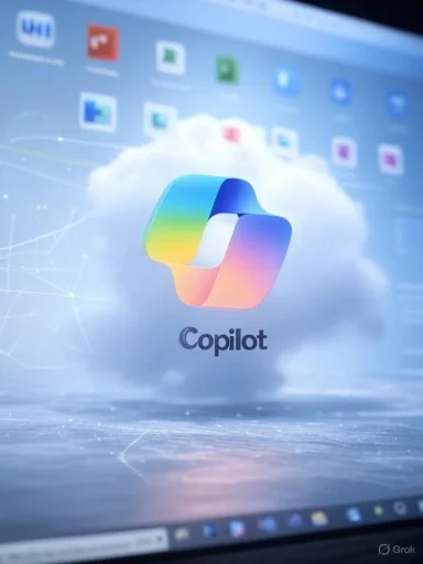 Rainbow Copilot logo floating over a cloud on a computer screen.