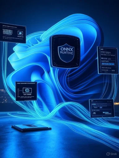 A futuristic blue holographic display with an ONNX Runtime shield and floating data panels.