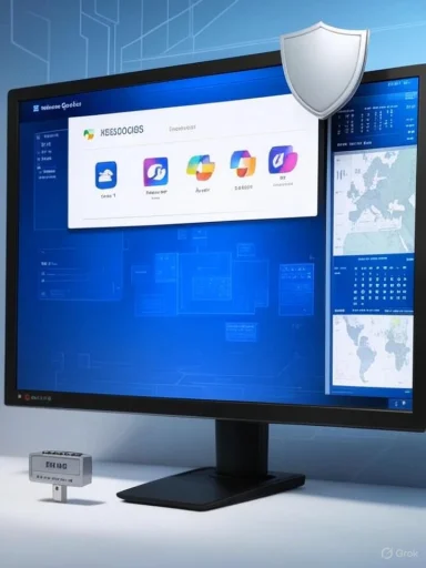 A computer monitor shows a blue software dashboard with app icons and a shield icon overlay.