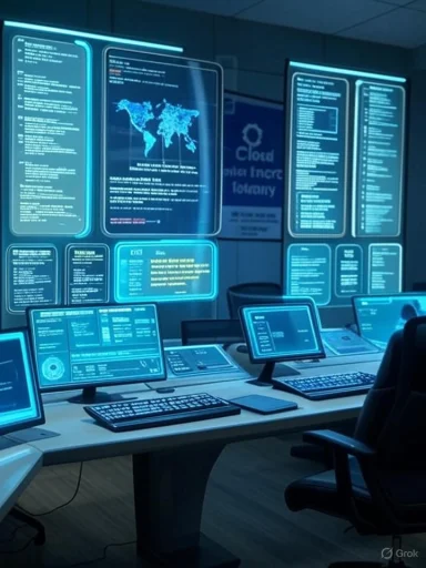 Futuristic command center with glowing blue holographic displays and multiple consoles.