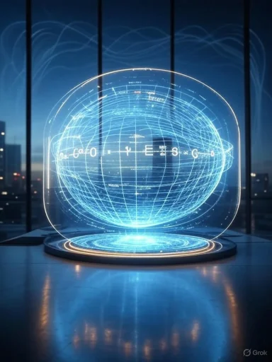 A futuristic holographic globe glows with blue orbit lines above a glowing base.