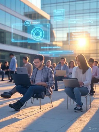 People sit outdoors with laptops as futuristic holographic UI panels float above them. People sit outdoors with laptops as futuristic holographic UI panels float above them.