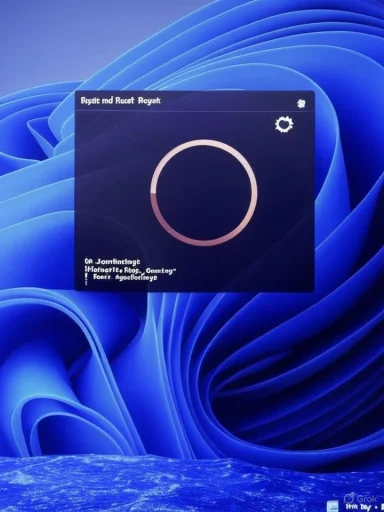 A dark software window showing a circular loading ring over a blue abstract wallpaper.