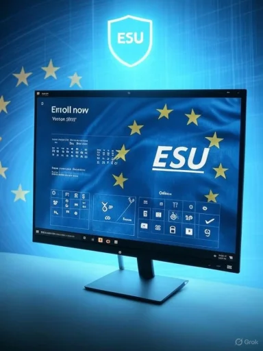 Desktop monitor displays a blue ESU screen with EU stars in the background.