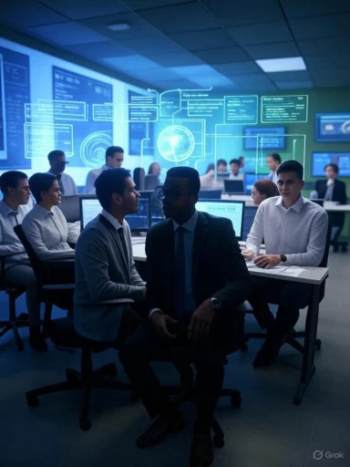 A futuristic control room with holographic screens and professionals collaborating. A futuristic control room with holographic screens and professionals collaborating.