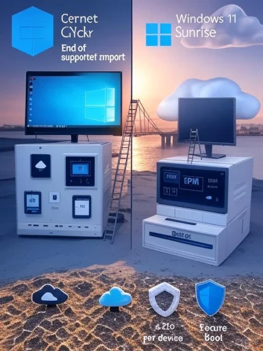 Two retro computer towers with monitors sit by the sea at sunset, labeled Windows 11 Sunrise and End of Support.