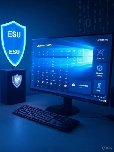 Blue-lit computer workstation with a shield-shaped ESU logo and a monitor.