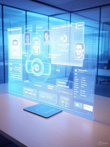 A blue holographic display projected from a desk, showing portraits and data panels.