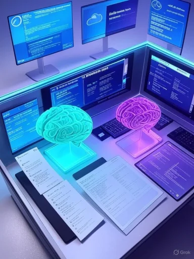 A futuristic workstation with multiple screens and glowing neon brain models.