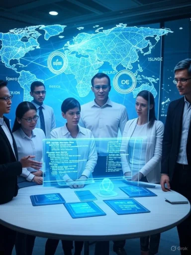 A diverse team analyzes holographic data on a world-map display.