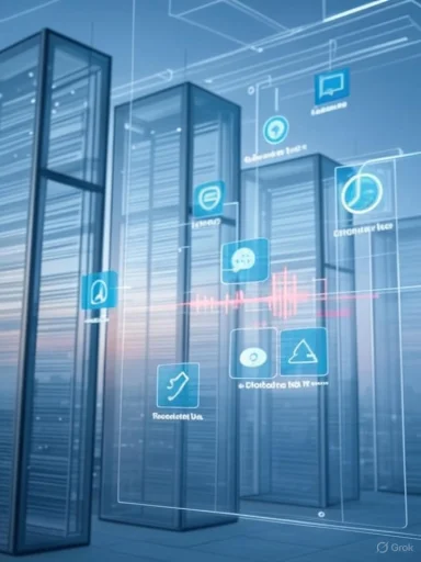 A futuristic data center with holographic icons floating beside server racks.
