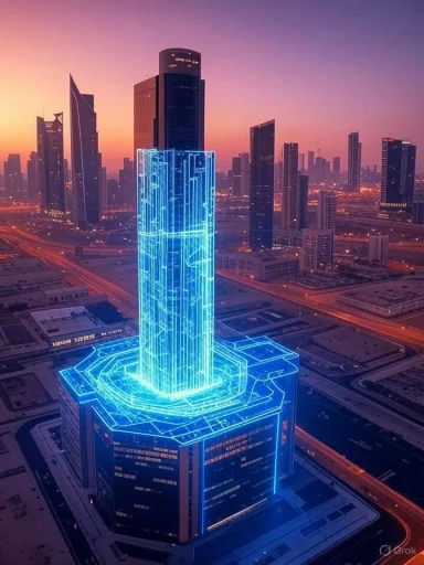 A futuristic skyscraper wrapped in blue neon circuits rises above a glowing base amid a sunset cityscape.