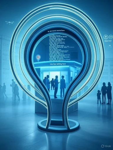 A blue neon lightbulb sculpture glows in a futuristic tech exhibition with visitors.