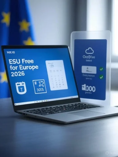 A laptop on a desk shows a Europe-themed slide about 2026, with a European flag in the background.