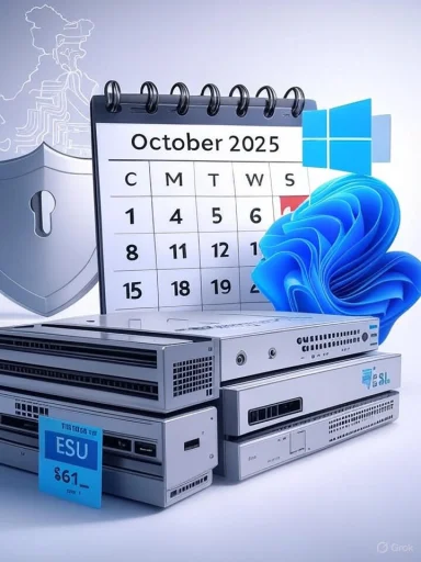 October 2025 calendar atop server hardware with Windows logo and a security shield.