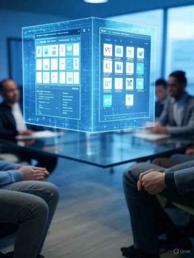 A futuristic business meeting with a glowing 3D holographic interface hovering above the conference table.