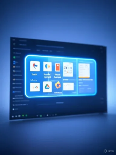 A neon blue-framed app dashboard glows on a blurred monitor. A neon blue-framed app dashboard glows on a blurred monitor.