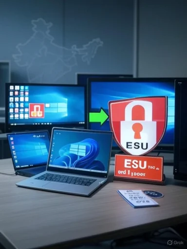 A desk with laptops and monitors, featuring an ESU security shield and a green arrow.