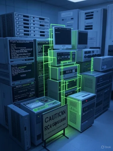 Retro data center with vintage mainframes and CRT monitors, neon-green circuit outlines.