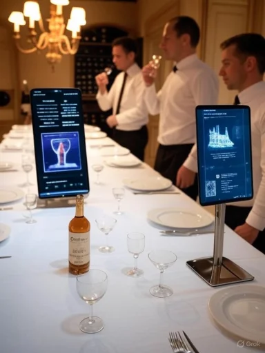 Elegant banquet table with digital menus on tablets, a wine bottle, and three waiters toasting in the background.