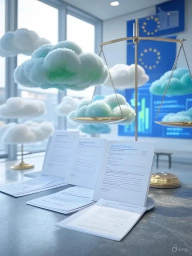 Clouds hover beside a balance scale with documents, symbolizing cloud data regulation and compliance.