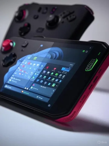 A handheld gaming console with a touchscreen display and attachable controllers, pink-accented.