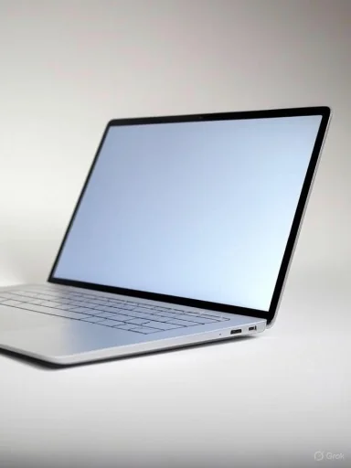 A slim silver laptop with a blank blue screen on a white background.