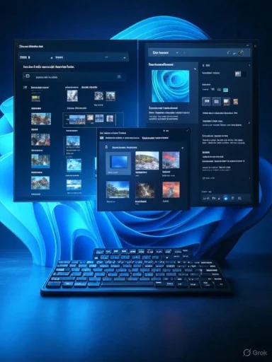 A blue-toned multi-window desktop with a keyboard in the foreground.