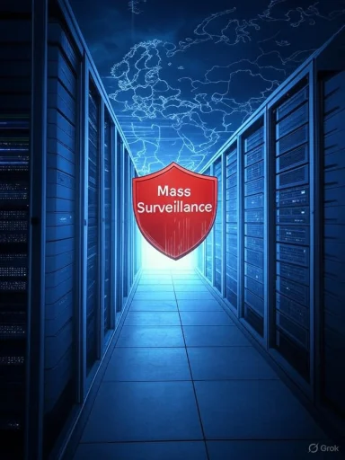 A data center corridor flanked by server racks, a glowing red shield reading 'Mass Surveillance' hovers between them.