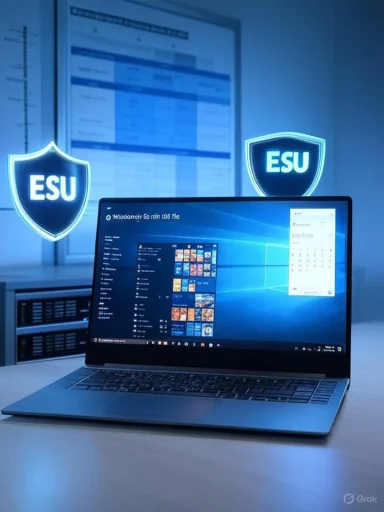 Laptop on a desk with two glowing ESU shields in a blue-lit tech setup.