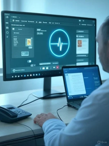 A person in a lab coat works at a desk with a large monitor displaying a neon blue heartbeat graphic.