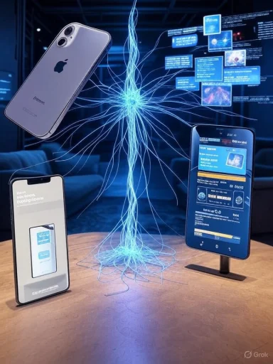 Three smartphones connect through a glowing blue neural data tunnel in a futuristic setup.