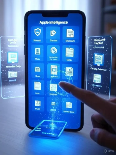 Futuristic iPhone interface labeled 'Apple Intelligence' with holographic app icons and a tapping finger.