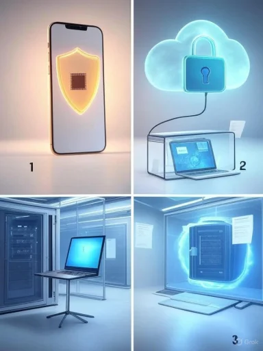 Four-panel illustration of digital security: a phone shield, cloud lock, and secured data servers.