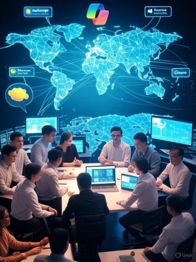 A team of professionals sits around a table with laptops, monitoring a neon world-network map.