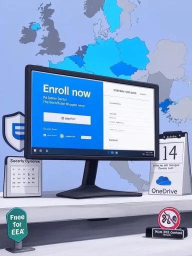 A computer monitor displays an “Enroll now” form with a world map backdrop.