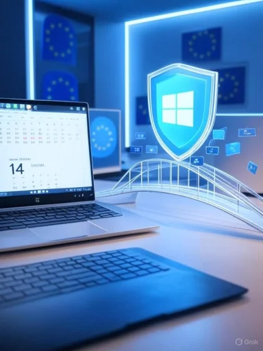 A laptop on a blue-lit desk with a glowing Windows shield and cybersecurity visuals.