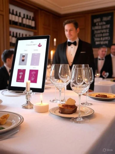 Elegant dining scene with a tuxedo waiter, tablet menu, candles, and wine glasses.