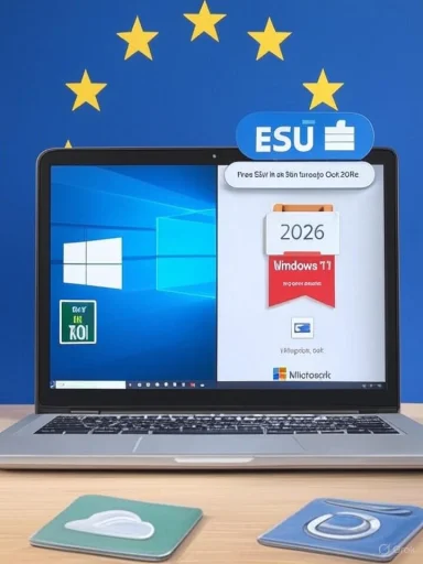 Laptop on a desk shows a Windows desktop with a 2026 calendar, EU stars backdrop and an ESU badge.