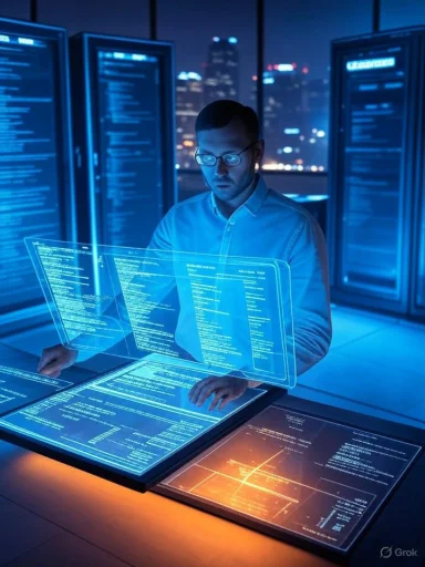 A man in a data center works with translucent blue holographic screens displaying code. A man in a data center works with translucent blue holographic screens displaying code.