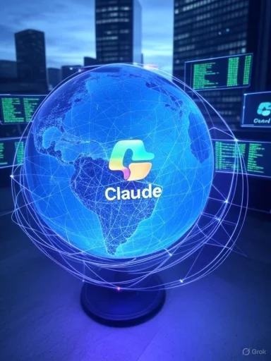A glowing blue globe with network lines and the Claude logo in a futuristic data center.