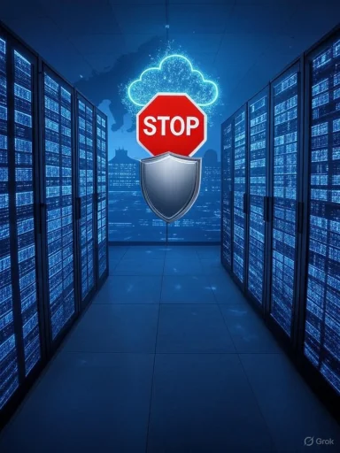 Blue data center aisle with a glowing cloud, stop sign, and shield over server racks. Blue data center aisle with a glowing cloud, stop sign, and shield over server racks.