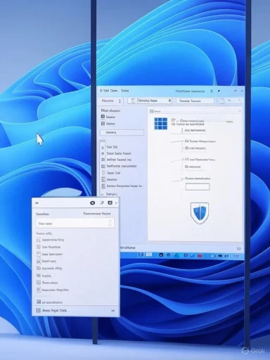 A tall display shows Windows-style UI mockups over a blue, wave-pattern wallpaper.