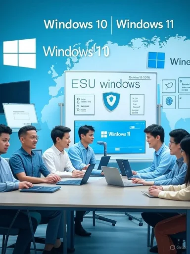 A diverse team collaborates around laptops in a blue Windows-themed conference room.