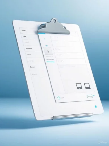 A white clipboard holding layered forms against a soft blue background.