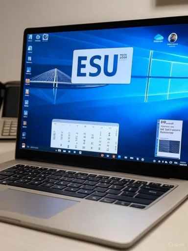 A laptop on a desk displaying a Windows desktop with a large ESU wallpaper.
