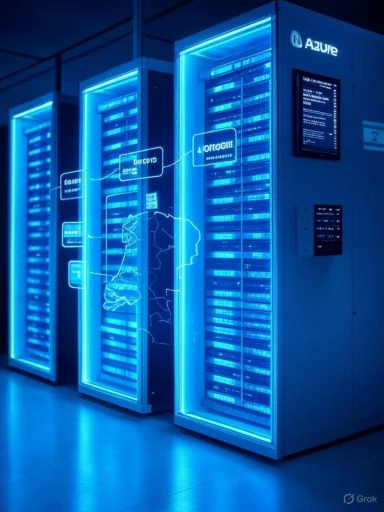 Blue-lit data center with rows of server racks, holographic displays, and Azure branding.