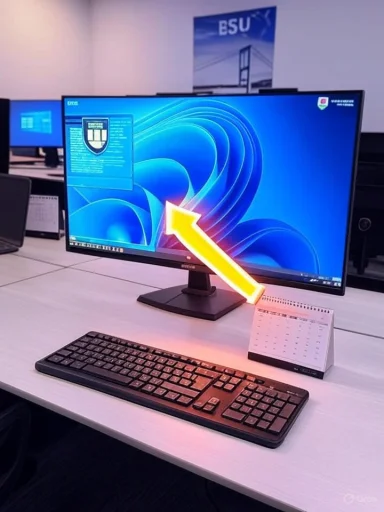 A modern computer workstation with a large monitor, keyboard, and a small desk calendar on a clean desk.