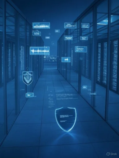 A futuristic data center filled with glowing holographic dashboards and shield icons.