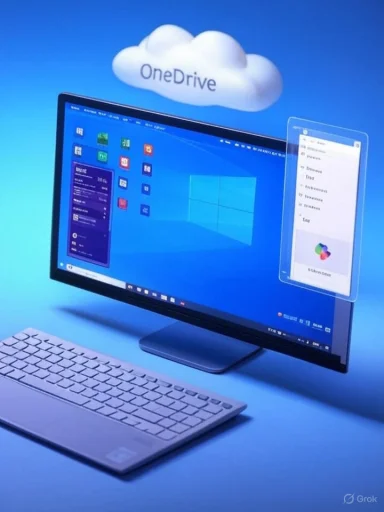 A desktop setup with Windows on a monitor and a floating OneDrive cloud icon above.
